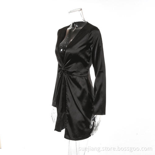 Long Sleeve Red Pleated Dress Women Working Dress